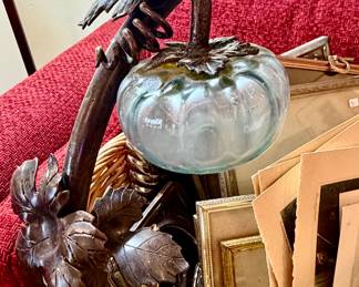 FABULOUS BASKETS WITH GLASS GOURDS AND METAL HANDLE.