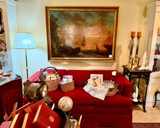 CUSTOM UPHOLSTERED RED SOFA IN WONDERFUL CONDITION.  FINE ART.