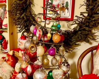 FANTASTIC ANTIQUE CHRISTMAS TREE WITH MERCURY GLASS ORNAMENTS.