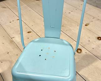 Set of eight light blue/sea-foam metal dining chairs with distressed industrial farmhouse style.