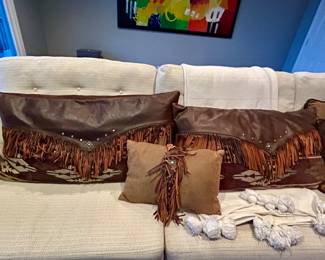 Long fringe pillows, large square fringe pillow, and small accent pillow
