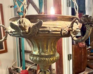 Architectural salvage from Gallagher Ranch, Three-Light Brass Pan Chandelier