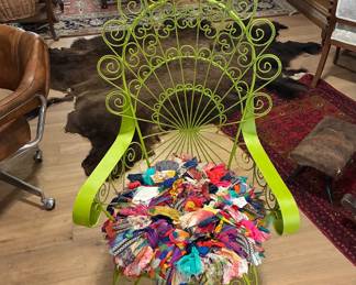 metal peacock chair with rag cushion