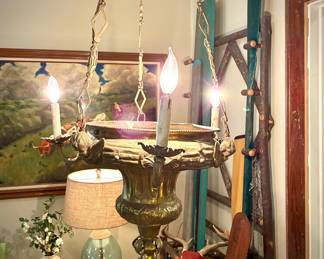 Architectural salvage from Gallagher Ranch, Three-Light Brass Pan Chandelier