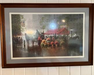 This art depicts a flower stall near a horse and cart.  It seems to have a story in it.