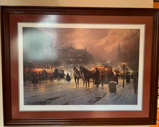 These horses are in a town of some sort, perhaps at dusk.