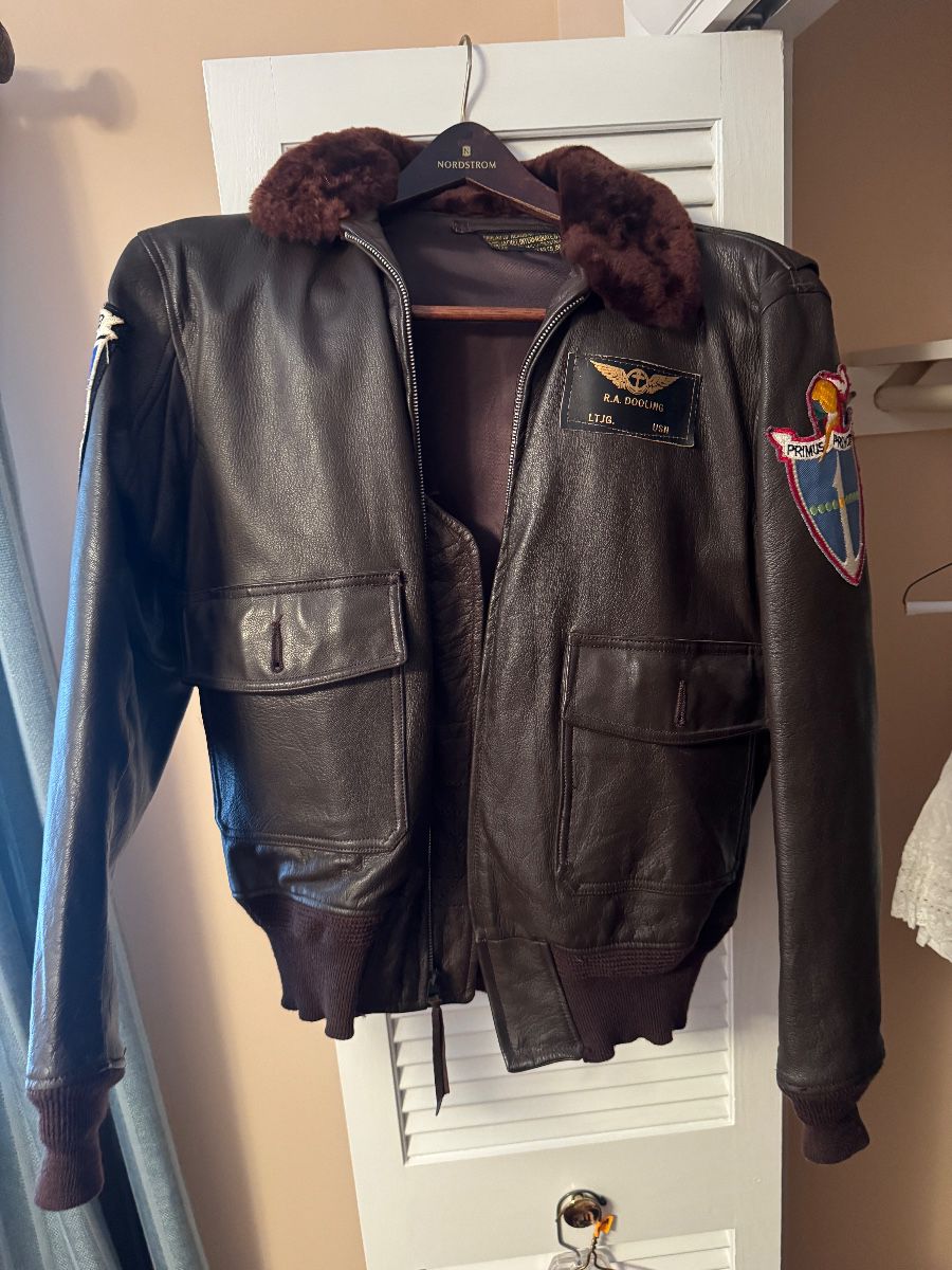 US Navy G-1 Leather Flight Jacket with Carrier Air Group Six (CVG-6) Insignia Patch & U.S. Navy Carrier Air Group 3 (CVW-3) Patch