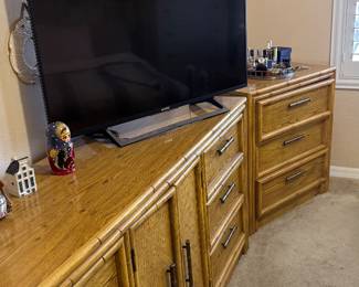 Complete bedroom set has 2 nightstands, 6 drawer bureau, 3 drawer chest and 2 mirrors