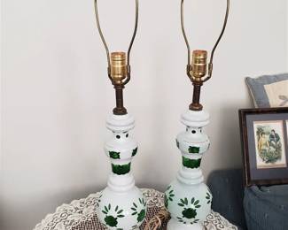 pair of retro porcelain & glass lamps