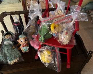 Jenny Lind toy box and collectible vintage toys; handmade dolls.