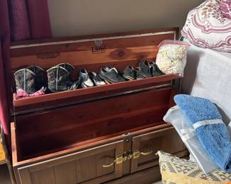 Cedar chest.  Boy's toddler shoes from the 1960's