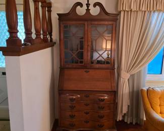 Gorgeous antique secretary desk with glass upper section and skeleton key locks