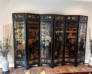 Massive Vintage 6 Panel Chinese Black Laquered Floor Screen 94” tall Each panel measures 23” across  Must be able to move and load yourself