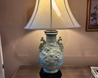 Vintage Celadon Lamp  Great condition, shade probably needs to be replaced. 12” across x 3’ tall 