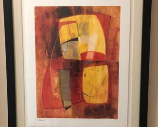 Sara Abbott, Modern Space III, Acrylic on Paper  Artist: Sara Abbott  Title: Sara Abbott, Modern Space III, Acrylic on Paper  Year: 2009  Medium: Acrylic on Paper  Size: 28 in.  d 22 in. Framed: 36 in. x 30 in.   Rendered in warm and vibrant hues of red, orange, and yellow, this abstract composition by Sara Abbott is comprised of rounded shapes with line outlines and gradiated color.  