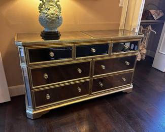 Z Gallerie Borghese Mirrored Dresser  Some damage as shown in photos 64” across x 19” deep x 37” tall.  Must be able to move and load yourself
