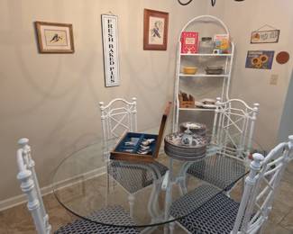 Glass top kitchen table w/iron base & 4 chairs