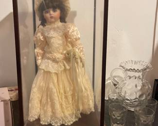 VINTAGE SHOWCASED DOLL IN LOVELY LACE, FENTON COIN DOT DOUBLE RUFFLE CLEAR PITCHER