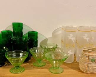GREEN DEPRESSION GLASS, VINTAGE FROSTED HORSE GLASSES