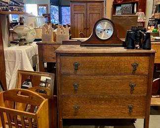 ANTIQUE DRESSER, MAGAZINE RACK, BINOCULARS, MANTLE CLOCK