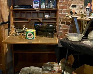VINTAGE DROP FRONT SECRETARY DESK, OFFICE SUPPLIES, STARTING LINEUP FIGURES, POCKET KNIVES