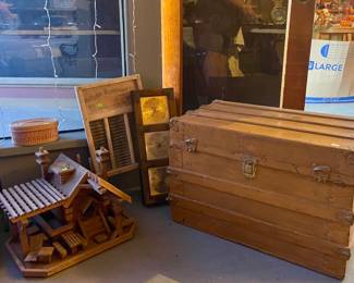 ANTIQUE FLAT TRUNK, LOG CABIN BIRD HOUSE, WASHBOARD, VINTAGE BAROMETER