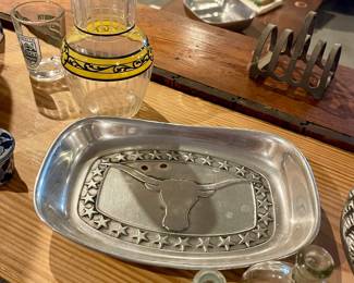 LONGHORN PEWTER DISH, VINTAGE WATER CARAFE