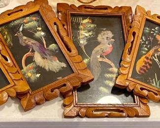 VINTAGE MEXICAN FRAMED FEATHER BIRD ART