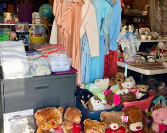 STUFFED ANIMALS, VINTAGE GOWNS, LINENS