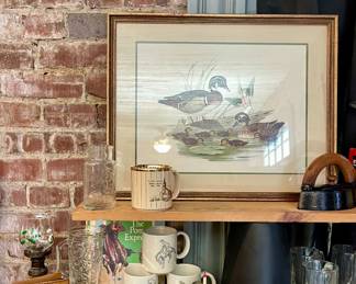 FRAMED DUCK PRINT, ANTIQUE IRON, WESTERN COFFEE CUPS