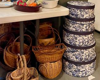 BASKETS, BLUE/WHITE STACKABLE STORAGE HAT BOXES