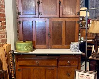 ANTIQUE HOOSIER STYLE KITCHEN CABINET WITH ENAMELWARE TOP