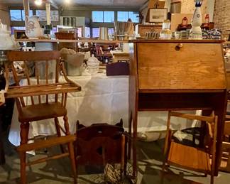 ANTIQUE HIGH CHAIR, ANTIQUE DESK, CHILD’S FOLDING CHAIR