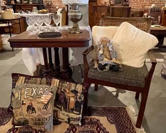 TEXAS PILLOWS, RUG, ACCENT CHAIR, ANTIQUE TABLE, ELECTRIFIED OIL LAMP