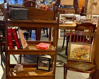 ANTIQUE BOOKSHELF, OLD CHAIR, COLORADO COUNTY CHRONICLES BOOKS