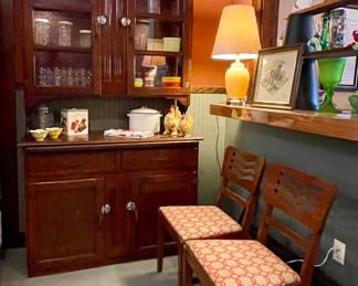 ANTIQUE CHINA HUTCH, CHAIRS