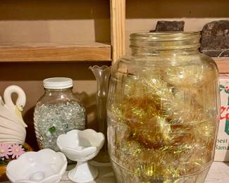 VINTAGE MILK GLASS CANDLESTICKS, VINTAGE GLASS BARREL JAR