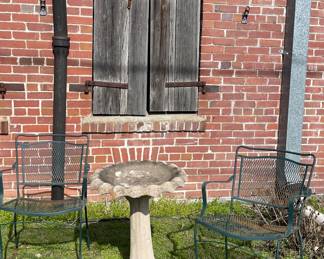 CONCRETE BIRDBATH, VINTAGE METAL PATIO CHAIRS