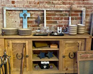 RUSTIC WOOD BUFFET, FIREPLACE TOOLS