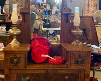 ANTIQUE DRESSER, OIL LAMPS