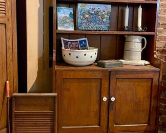 PRIMITIVE HUTCH, OLD COLUMBUS WASHBOARD, STARS/STRIPES BOWL, CROCK PITCHER, LANTERNS