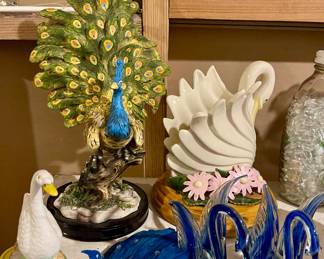 LOVELY HANDBLOWN GLASS SWANS, PEACOCK FIGURINE