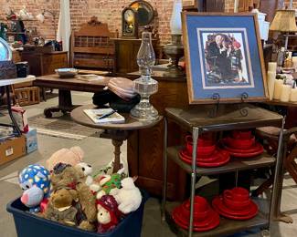 VINTAGE KITCHEN CART, STUFFED ANIMALS, ACCENT TABLE