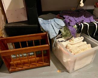 WOODEN MAGAZINE RACK, VINTAGE CROCHETED LINENS