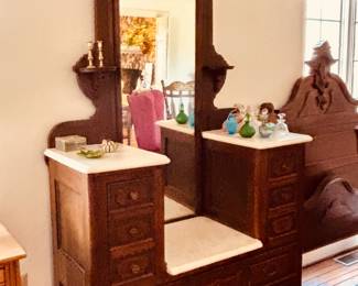 Antique Eastlake style dresser with mirror and white marble tops...