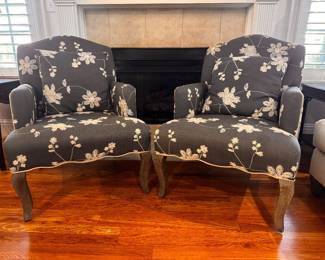 Two charming embroidered blue- gray washed , embroidered fabric armchairs