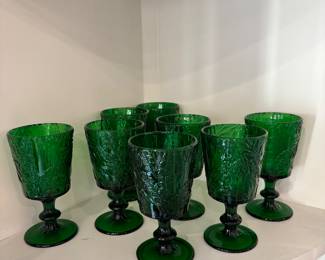 Eight piece set of beautiful vintage green glass goblets