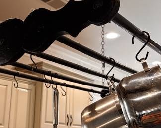 Antique pot rack, black with black chains and hooks