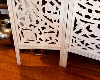 Trifold folding screen white wood with beautiful carving of floral design measures 60 inches wide by 72 inches tall