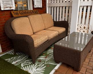Art deco style rattan sofa,2 chairs and glass topped coffee table in nice shape...sofa is 88" long,36" deep, 23" overall height